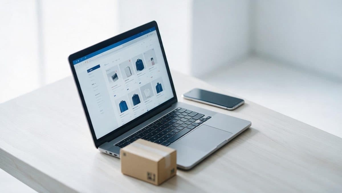 ECサイトの商品一覧を表示したノートパソコンと、配送用の箱