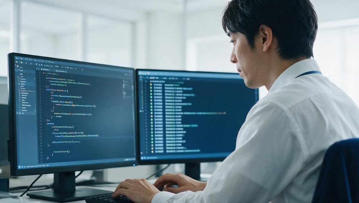 2台のモニターでコードとテスト結果を確認しながら開発を進めている様子