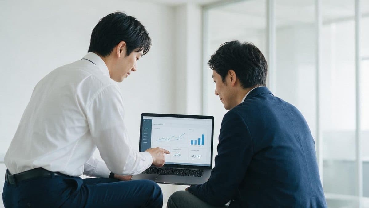 担当者とお客様が並んでノートパソコンのダッシュボードを確認している様子